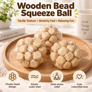 🌿 Natural Wooden-Cube Stress Relief Squeeze Ball – Beige/Tan