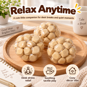 🌿 Natural Wooden-Cube Stress Relief Squeeze Ball – Beige/Tan