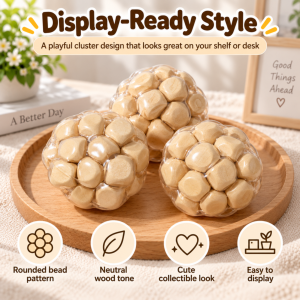 🌿 Natural Wooden-Cube Stress Relief Squeeze Ball – Beige/Tan