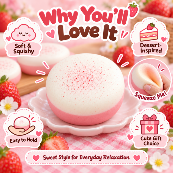 🍰🍓 Pastel Strawberry Mousse Cake Squishy – Dome-Shaped Fidget Toy