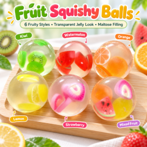 Transparent Fruit Squishy Ball Collection – Colorful Fruit-Filled Sensory Squeeze Toys, Soft Moldable Stress Relief Fidget Balls