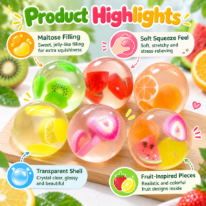 Transparent Fruit Squishy Ball Collection – Colorful Fruit-Filled Sensory Squeeze Toys, Soft Moldable Stress Relief Fidget Balls