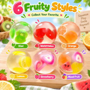 Transparent Fruit Squishy Ball Collection – Colorful Fruit-Filled Sensory Squeeze Toys, Soft Moldable Stress Relief Fidget Balls