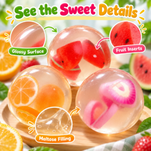 Transparent Fruit Squishy Ball Collection – Colorful Fruit-Filled Sensory Squeeze Toys, Soft Moldable Stress Relief Fidget Balls
