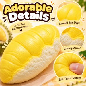 🧁🥐 Durian Cream Bun Squishy – Vintage Newspaper Wholesale Toy Pick