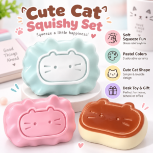 Cute Cat Face Squishy Toy Collection – Pastel Dessert-Inspired Sensory Squeeze Toys, Soft Stress Relief Fidget Toys in Mint, Pink & Brown