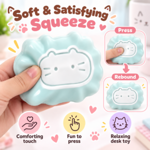 Cute Cat Face Squishy Toy Collection – Pastel Dessert-Inspired Sensory Squeeze Toys, Soft Stress Relief Fidget Toys in Mint, Pink & Brown
