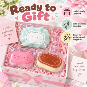 Cute Cat Face Squishy Toy Collection – Pastel Dessert-Inspired Sensory Squeeze Toys, Soft Stress Relief Fidget Toys in Mint, Pink & Brown