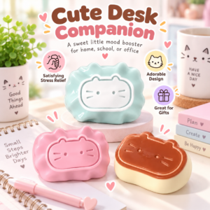 Cute Cat Face Squishy Toy Collection – Pastel Dessert-Inspired Sensory Squeeze Toys, Soft Stress Relief Fidget Toys in Mint, Pink & Brown