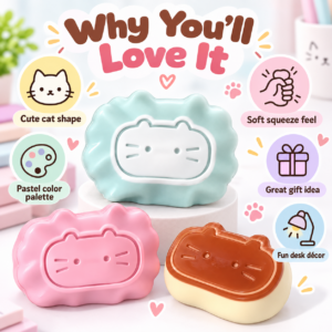 Cute Cat Face Squishy Toy Collection – Pastel Dessert-Inspired Sensory Squeeze Toys, Soft Stress Relief Fidget Toys in Mint, Pink & Brown