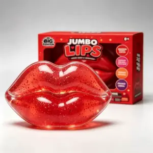 Two hands squeezing a red lip-shaped fidget toy with visible glitter