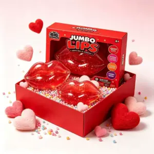 Red rectangular box with a clear window showing a lip-shaped squeeze toy