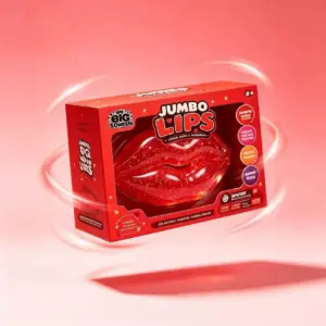 Lip-shaped squeeze toy surrounded by heart motifs and pastel bead-like pieces