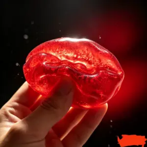 Close-up of a glossy red lip squeeze toy with glitter inside for novelty fidget play