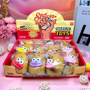 Potato squeeze toy with purple lips and speckled skin on a retail shelf