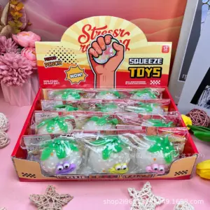 Yellow printed display box with fold-up header for potato squeeze toys