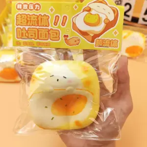 Hand squeezing a toast bread squishy toy, demonstrating its soft and deformable texture