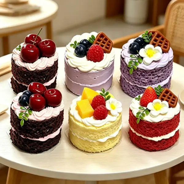 Miniature cake figurine with two stacked layers and cream filling between