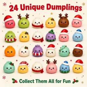 Dumpling characters wearing Santa hats, reindeer antlers, and scarves