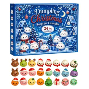 Kawaii dumpling figures in red, white, green, yellow, and pink colors
