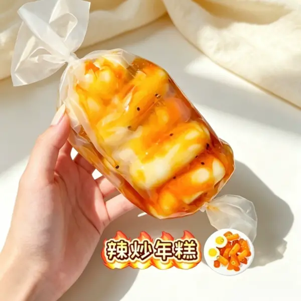 Hand holding clear tied bag with food-inspired squishy inside