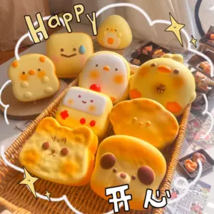 Toast cat squishy toy with embossed facial features and matte surface